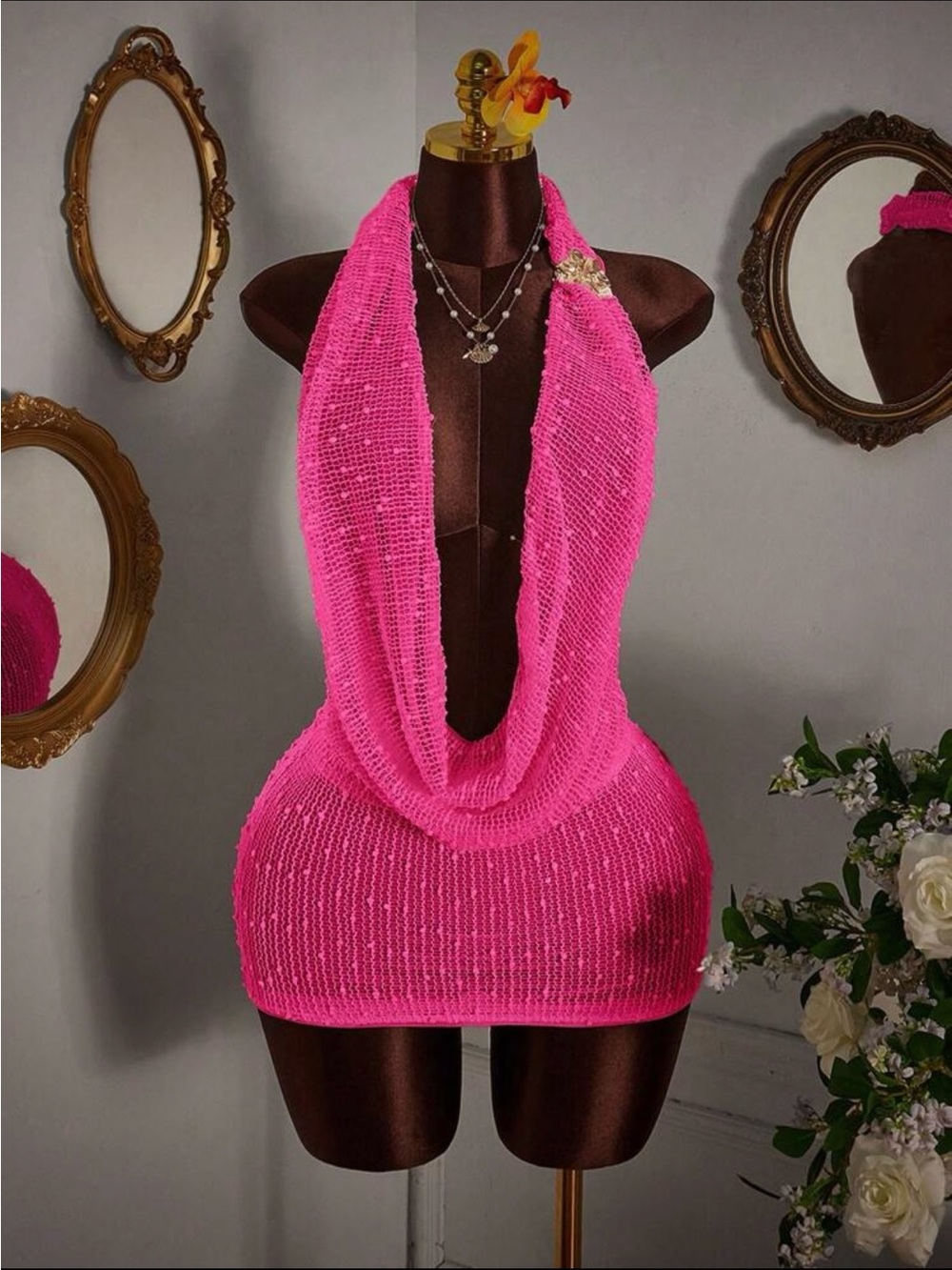 Hot Pink Cowl Neck Mini Dress SHEIN